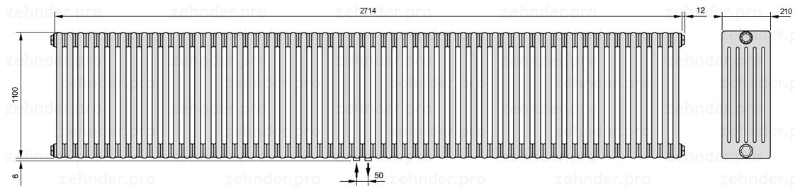Схема (чертеж) Радиатор Zehnder Charleston 6110/59 №3470 Белый глянцевый RAL 9016